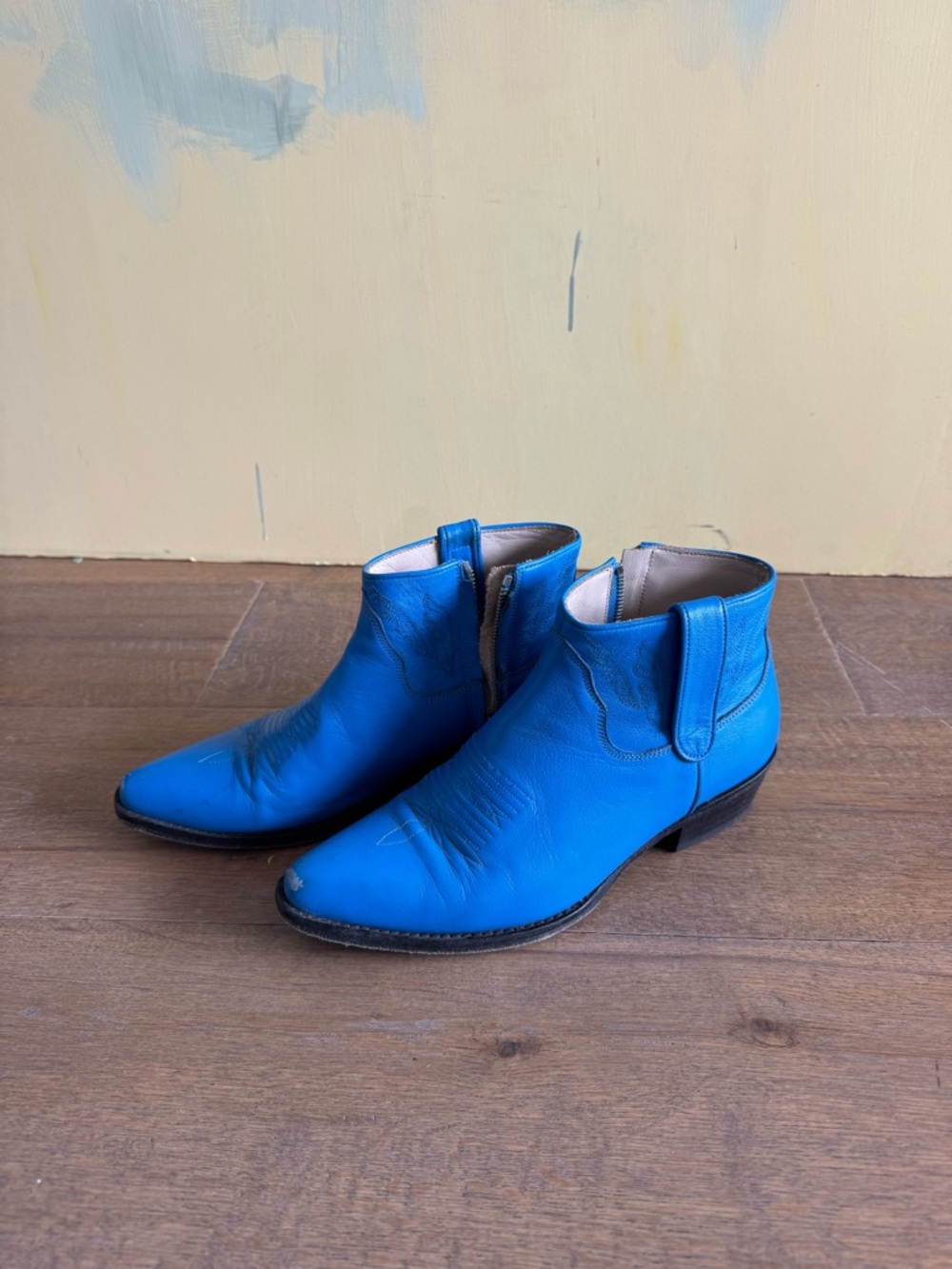 Anine Bing Blue Leather Cowboy Ankle Boots